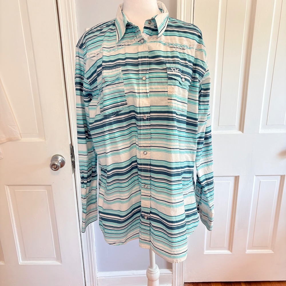 Cowgirl Hardware Womens XL Western Snap Shirt Teal Blue Stripe Rhinestone